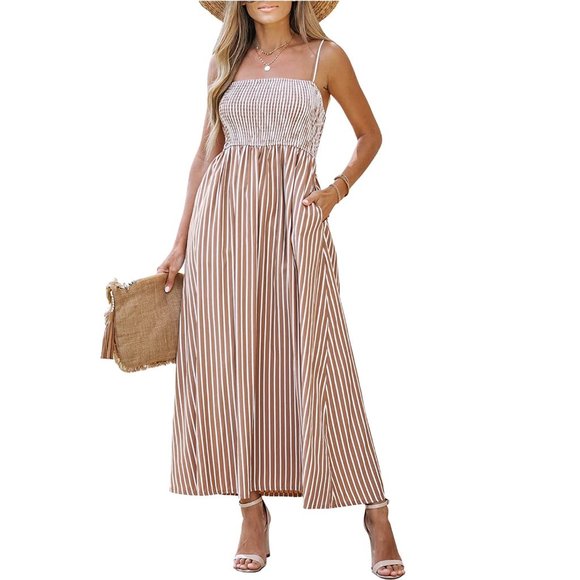 Cupshe Dresses Striped Smocked Sleeveless Dress Pockets Formal Dress Maxi Cami Straps Dress
